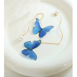 Blue Resin Butterfly Artificial Pearl Threader Earrings