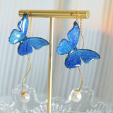 Blue Resin Butterfly Artificial Pearl Threader Earrings