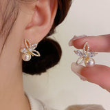 14K Gold-plated Artificial Pearl Flower Studs