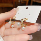 14K Gold-plated Heart Zircon Pearl Earrings